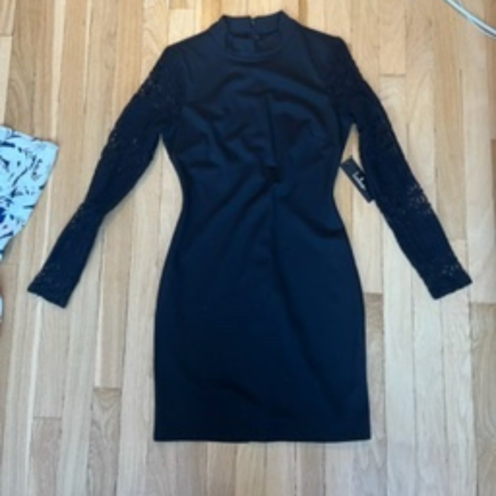 Black Long Sleeve Mockneck Minidress with Lace Sleeves